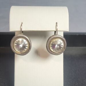 Jackie Spector Silver Pewter Rhinestone Lever Back Earrings Modernist